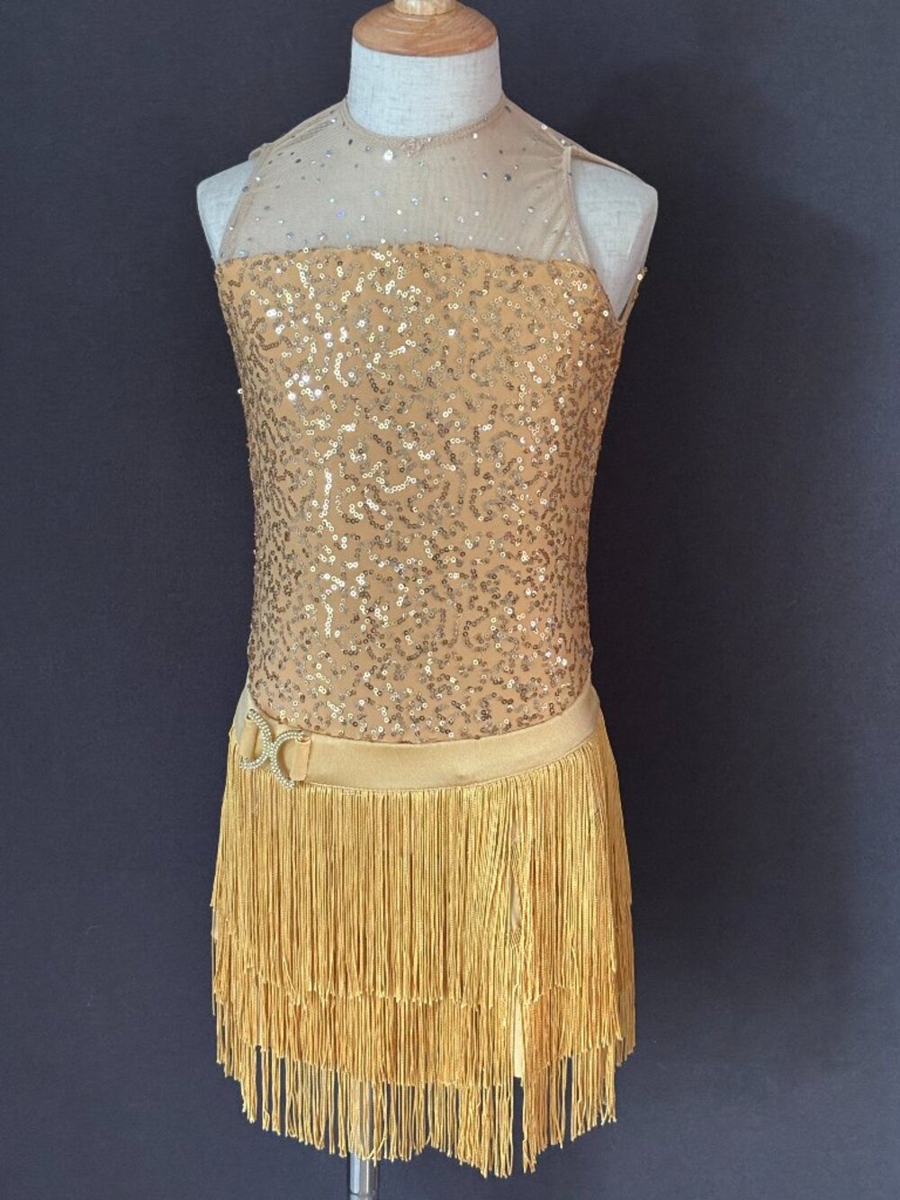 Revolution Gold Sequin Keyhole Biketard Fringe Skirt Jazz Tap Dance Costume MC